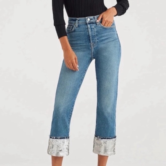 7 For All Mankind Denim - 7 For All Mankind Luxe Vintage Sequin Cuff Boyfriend Jeans Blue